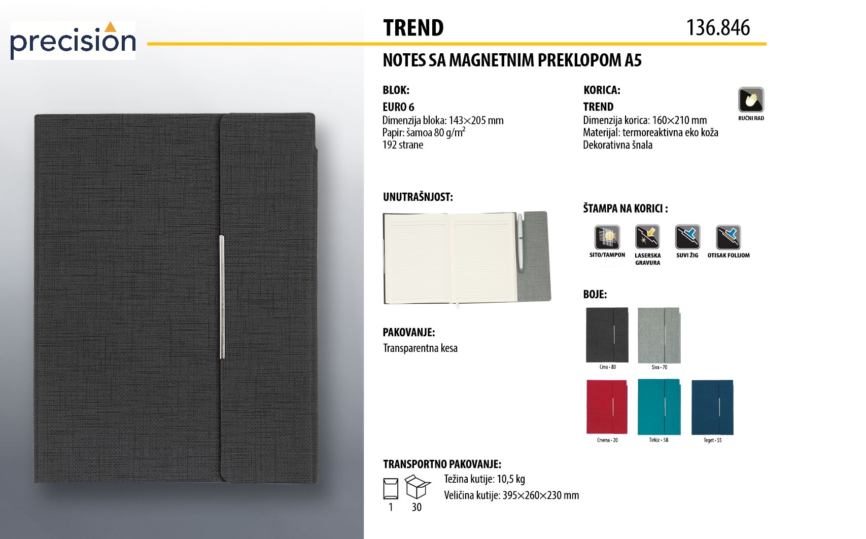 Tehnički list TREND notesa A5 sa magnetnim preklopom 136.846 sa specifikacijama, prikazom unutrašnjosti i pet boja.