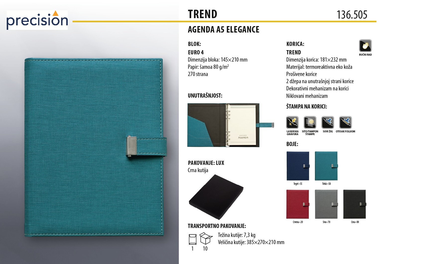 Tehnički list TREND agende A5 ELEGANCE 136.505 sa specifikacijama, bojama i prikazom pakovanja