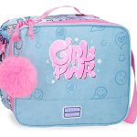 MOVOM GIRL POWER torba na rame u pastelno-plavoj boji sa velikim GIRL PWR printom i roze pufnastim priveskom.