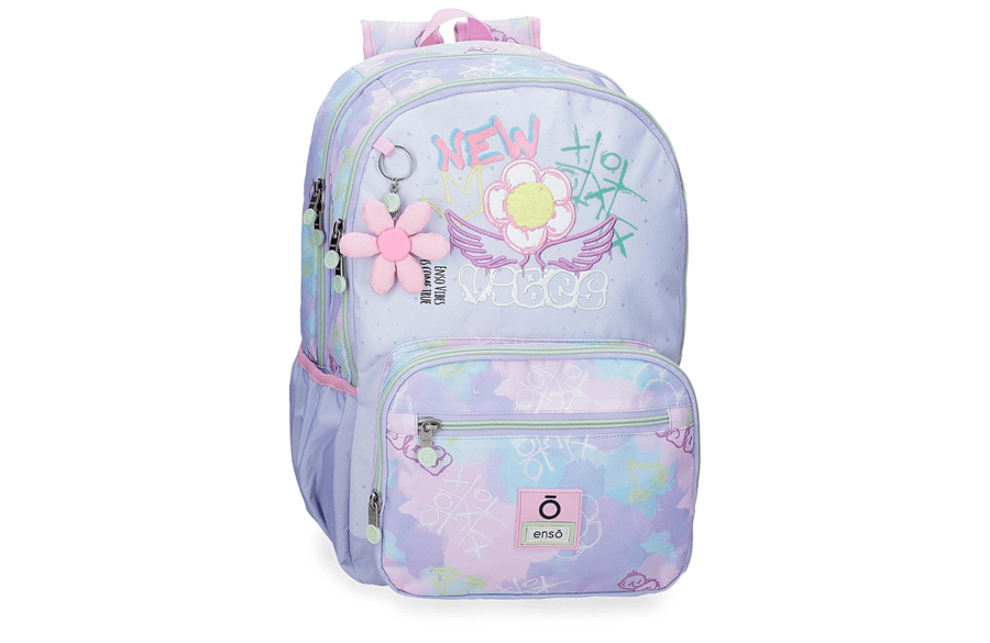 Enso NEW VIBES ranac za školu lavanda 44 cm, prostran ranac sa cvetnim detaljima i pompon priveskom, poliester materijal, idealan za devojčice.