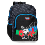 MOVOM OFFSIDE ranac za školu sa fudbalskim motivom, crni ranac sa plavim detaljima i bočnim džepovima