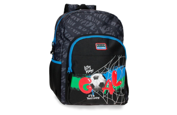 MOVOM OFFSIDE ranac za školu sa fudbalskim motivom, crni ranac sa plavim detaljima i bočnim džepovima