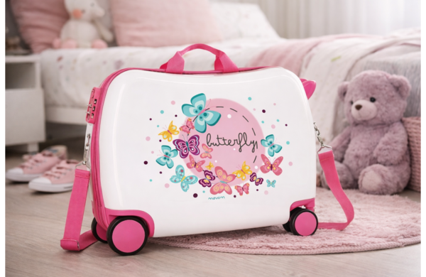 MOVOM HAPPY TIME dečiji kofer na točkićima sa motivom leptira u roze i šarenim tonovima, lagan i praktičan kofer za decu za putovanja