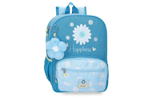 ENSO HAPPINESS ranac za školu plavi sa cvetnim motivom i pufnastim priveskom