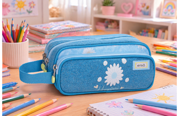 ENSO HAPPINESS prazna pernica sa tri pregrade u plavoj boji sa motivom bele rade