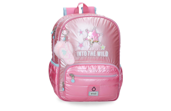 ENSO INTO THE WILD ranac za školu pink dečiji ranac sa prednjim džepom, bočnim mrežastim džepovima i ukrasnim priveskom