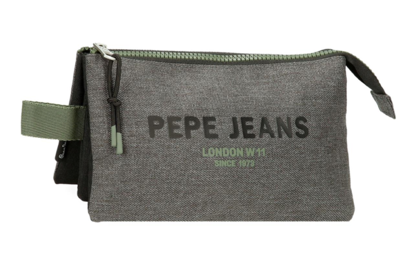 PEPE JEANS EDEMON prazna pernica sa tri pregrade u antracit boji sa zelenim detaljima