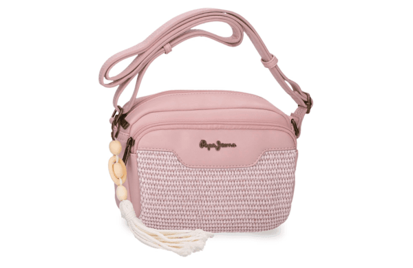 PEPE JEANS CLARA ženska torba na rame roze boje sa pletenim detaljem, dve pregrade i podesivim kaišem