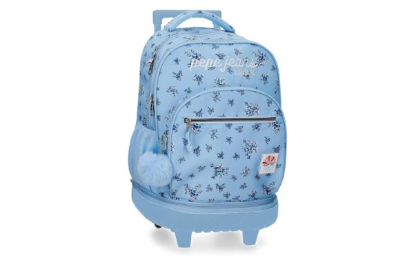 PEPE JEANS OLIVIA svetloplavi školski ranac sa točkićima i floralnim dezenom