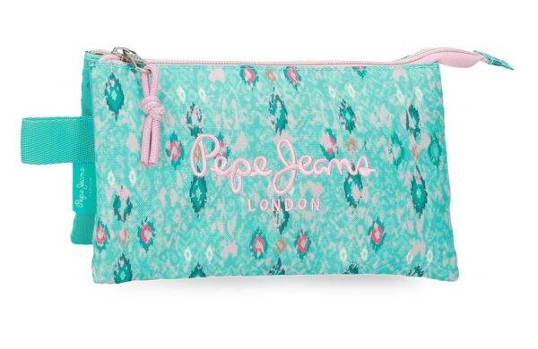 PEPE JEANS SUN prazna pernica sa tri pregrade u tirkiznim i roze tonovima