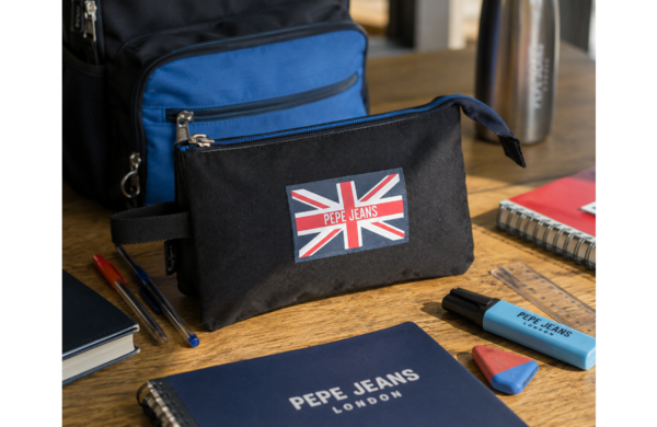 PEPE JEANS HENRY prazna pernica sa 3 pregrade u sportskom plavo-crnom dizajnu