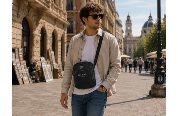 Pepe Jeans DURHAM muška torba na rame sa tri pregrade crna urbana torba sa prostorom za tablet i više džepova