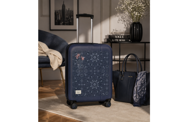 PEPE JEANS LENAY kabinski kofer 55 cm u teget boji sa ornamentalnim motivima, četiri dupla točkića i modernim travel dizajnom
