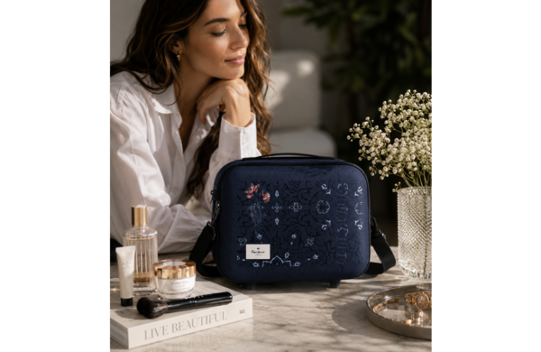 PEPE JEANS LENAY ženski neseser u teget boji sa floralnim ornamentima, ručkom i podesivom naramenicom za elegantna putovanja i organizaciju kozmetike