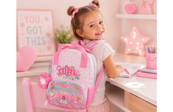 ENSO Girl Zone ranac za vrtić roze sa cvetnim motivima i cvetnim pufnastim priveskom