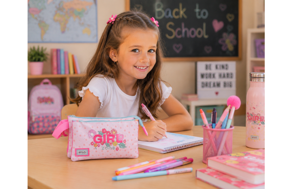 ENSO Girl Zone prazna pernica sa 3 pregrade roze sa cvetnim motivima