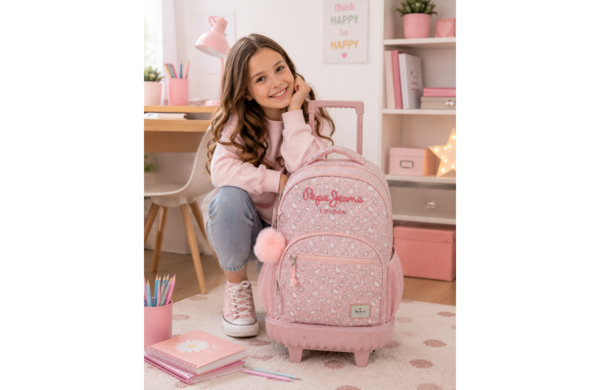 PEPE JEANS MIA ranac za školu sa točkićima roze cvetni dezen