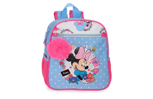 Disney Minnie Flowers ranac za vrtić sa Minnie Mouse motivom, roze puf priveskom i bočnim džepovima