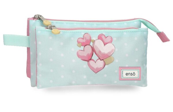 ENSO HEARTS prazna pernica sa 3 pregrade svetlozelena i roze 22 × 12 × 5 cm