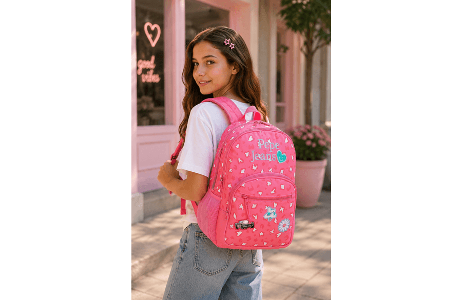 PEPE JEANS EVELYN školski ranac sa dva odeljka roze boje, ergonomskim leđima, postavljenim naramenicama i sistemom za postavljanje na kolica.