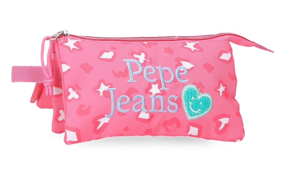 PEPE JEANS EVELYN prazna pernica sa tri pregrade roze boje sa motivima srca, cveta i vintage automobila.