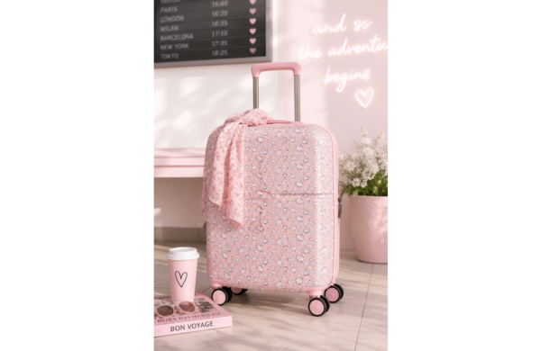 PEPE JEANS MIA kabinski kofer 55 cm roze boje sa cvetnim dezenom, četiri dupla točkića, teleskopskom ručkom i integrisanom bravicom.